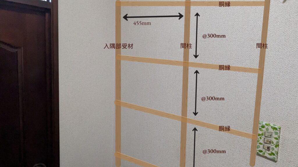 玄関の壁面の下地を調査した結果を図示
