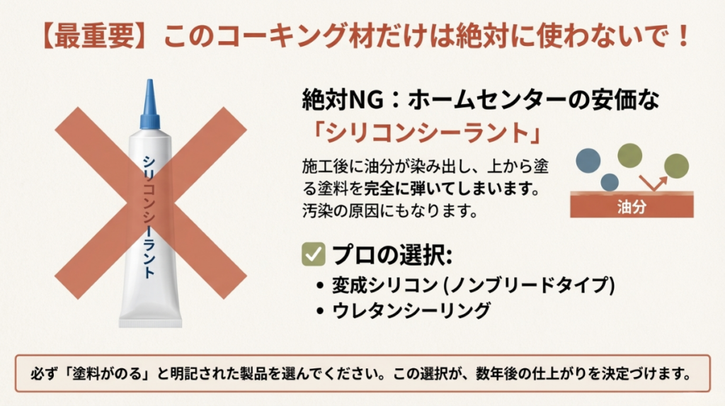 コーキング材には、シリコンシーラントではなく、変性シリコンを使用することを注意するイラスト