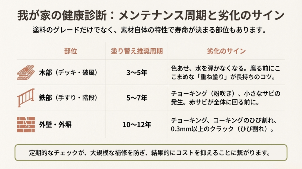 塗装の塗り替え頻度を解説したイラスト