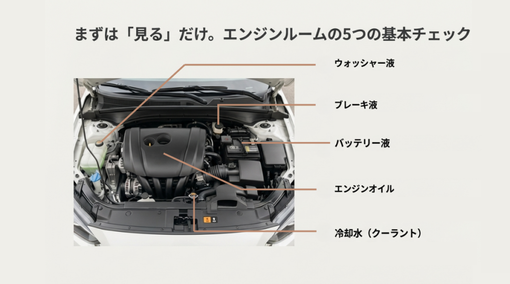 ユーザー車検前や日常点検で実施すべきエンジンルーム内の点検項目の図解