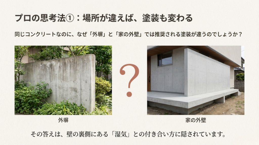 外塀と外壁の塗装方法が異なる理由は湿気にあることを伝えるイラスト