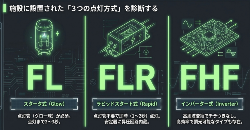蛍光灯の3つの点灯方式（FL・FLR・FHF）の比較図